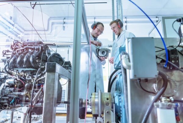 Scientists in automotive research laboratory